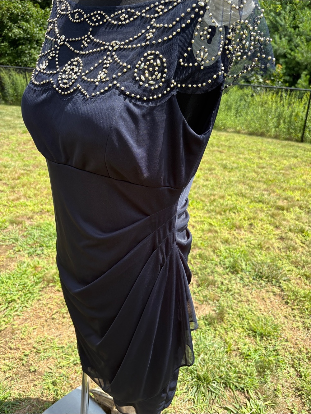 Elegant  Navy Cocktail Dress with Beaded Illusion Yoke